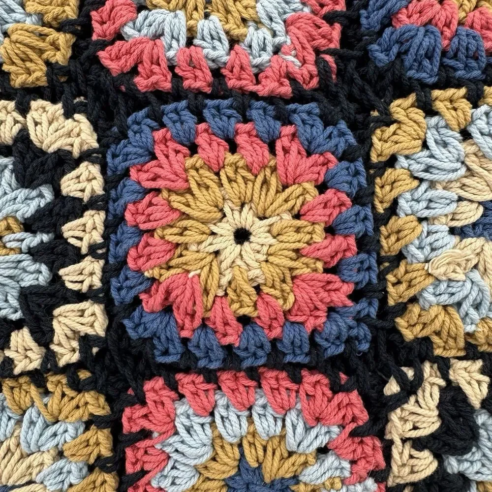 Free People Granny Square Crochet Tote Bag Black Multi Boho Leather Handle NWOT
